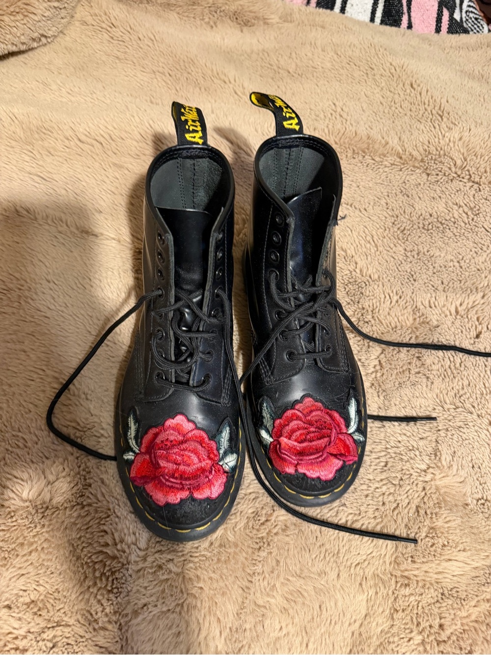 Dr. Martens Black Leather Lace-Up Boots with Red Rose Embroidery